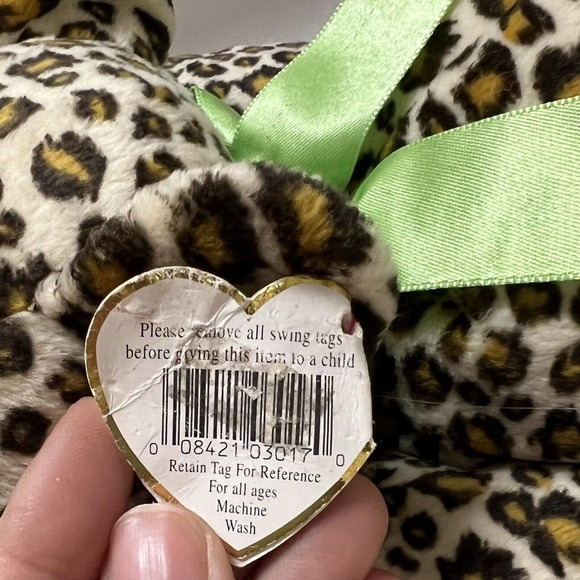 TY Pillow Pal SPECKLES Leopard Plush Green Bow1996 Cheetah Stuffed Animal 13" - Picture 4 of 9